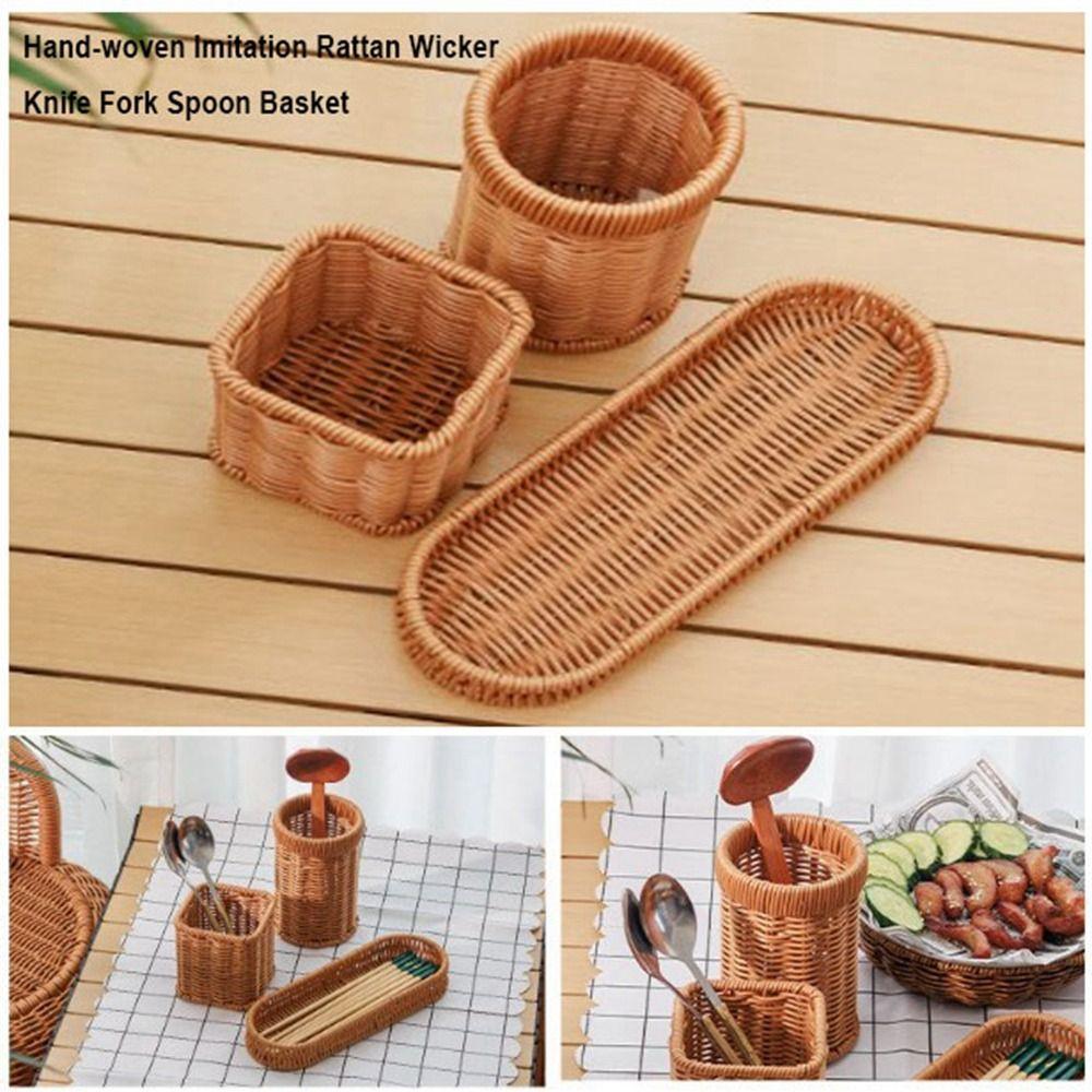 Hardness Rattan Wicker Woven Serving Baskets Handwoven Household Drain Chopstick Fork Spoon Holder 7 Styles
