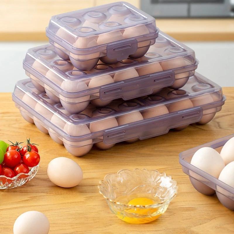 Portable Egg Storage Box with Lid, Durable Plastic Anti-Collision Egg Tray, 6/15/24 Grid Space-Saving Fridge Egg Holder