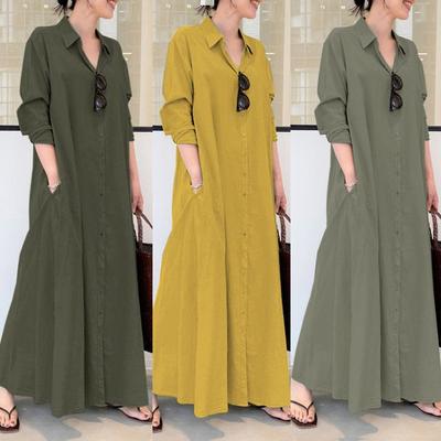 Women Dresses Muslims Clothes Solid Color Long-sleeved Shirt Dress Casual Pocket Robe Musulman Dubai Muslim Kaftan Muslim Dresses Ramadan