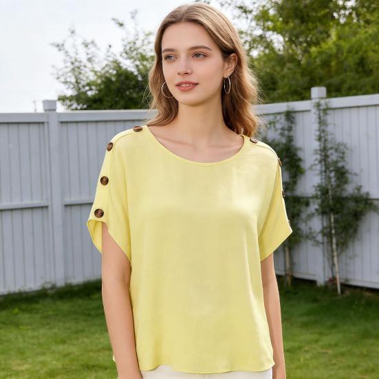 Damen Oberteile Rundhals Fledermausärmel Kurze Ärmel Knöpfe Dekoration T-Shirt Lockerer Schnitt Einfarbige Sommer Freizeitbluse
