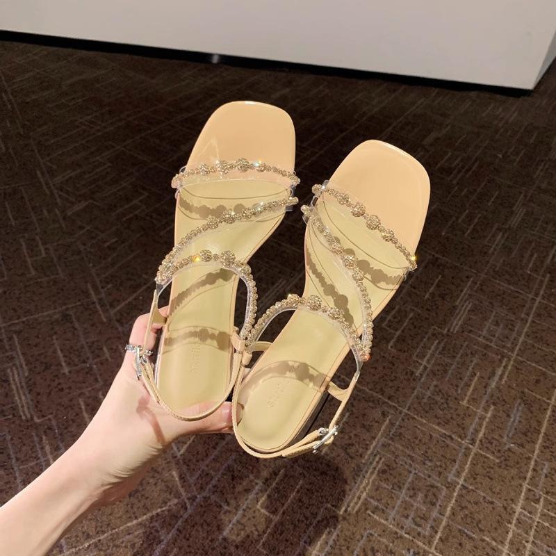 

Shoes Square Head Beaded Rhinestone One Word with Buckle Thick Heel Cool Slippers Women 40 розовый