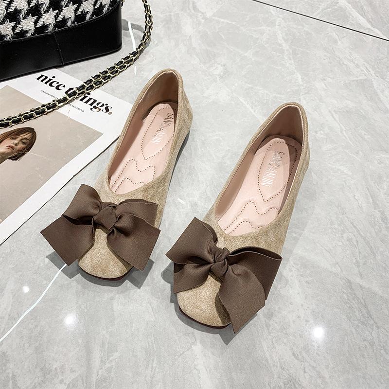 Autumn Flat Bottom Square Head Single Shoes Women's Shallow Mouth Big Bow Sweet Versatile Soft Sole Doudou Shoes Work Shoes Black