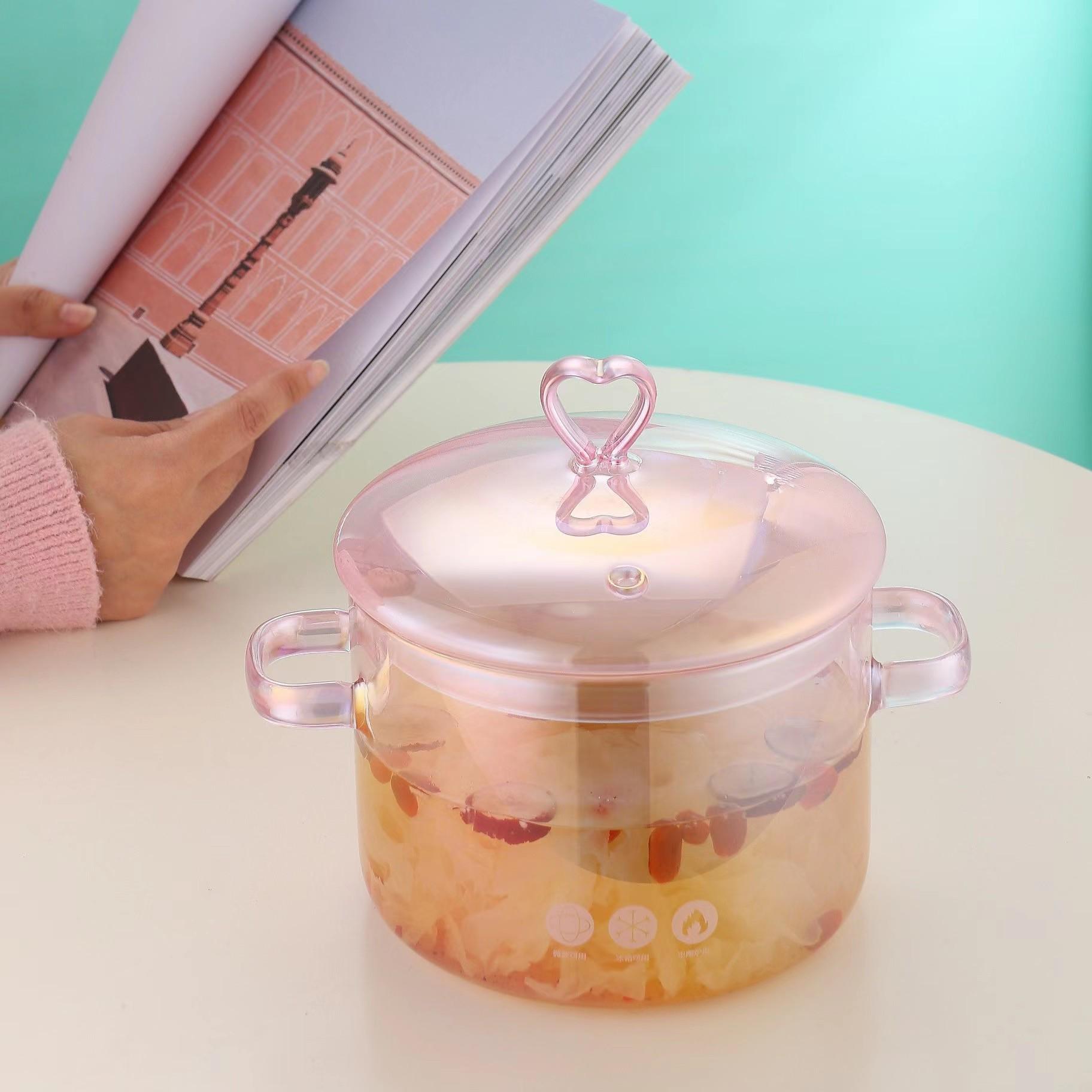 Kaufe Love Pink Hochtemperaturbeständiger Borosilikatglas-Suppentopf mit Deckel, Doppelgriff, Großes Fassungsvermögen. zum Preis ab 4.59