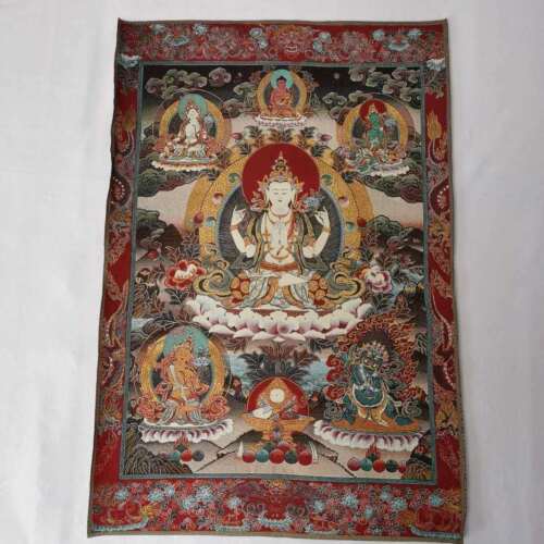 36" Tibet Tibetan Cloth Silk 4 Arm Guanyin Kwan-Yin Tangka Thangka Mural