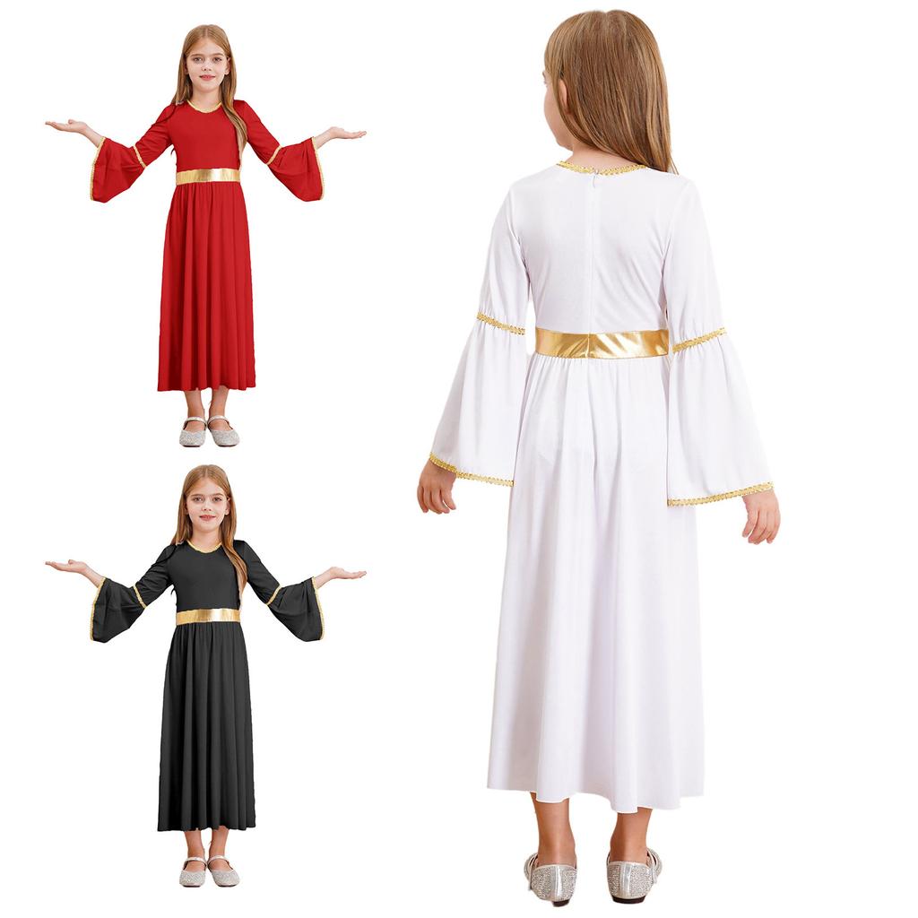 Dětský kostým anděla Dlouhý rukáv Patchworková róba Zlatý lem Šaty Cosplay Párty Výkonní oblečení