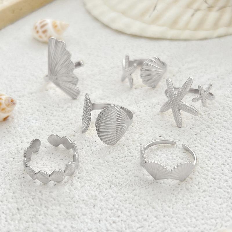 6 Piece Marine Summer Jewelry Adjustable Rings Set Starfish Shell Design Alloy Stackable Gift for Her Beach Holiday