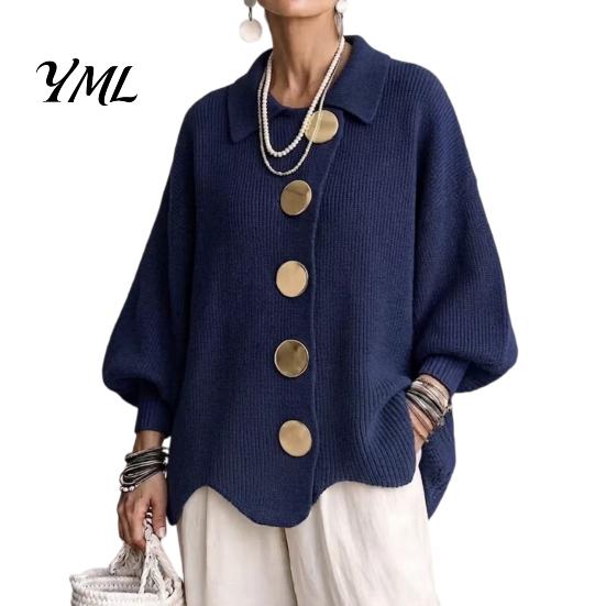 Women Knit Cardigan Oversized Sweater, Collared Top with Large Metal Relaxed Fit Buttons, Loose Lantern Sleeve Casual Sweater for Spring Autumn Button