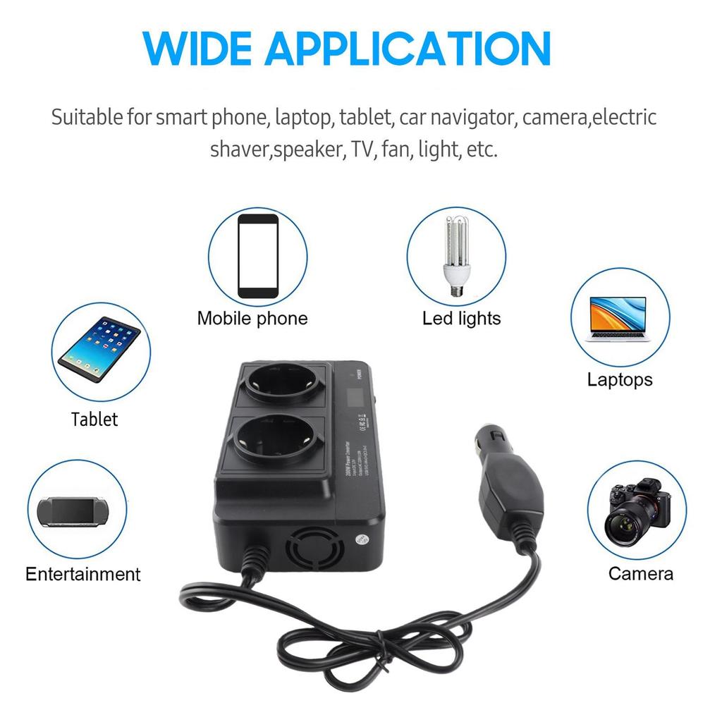 200 W Auto-Wechselrichter, DC 12 V zu AC 220 V, Konverter mit 2 AC-Ausgängen, 4 USB-Anschlüssen, Ein-/Ausschalter