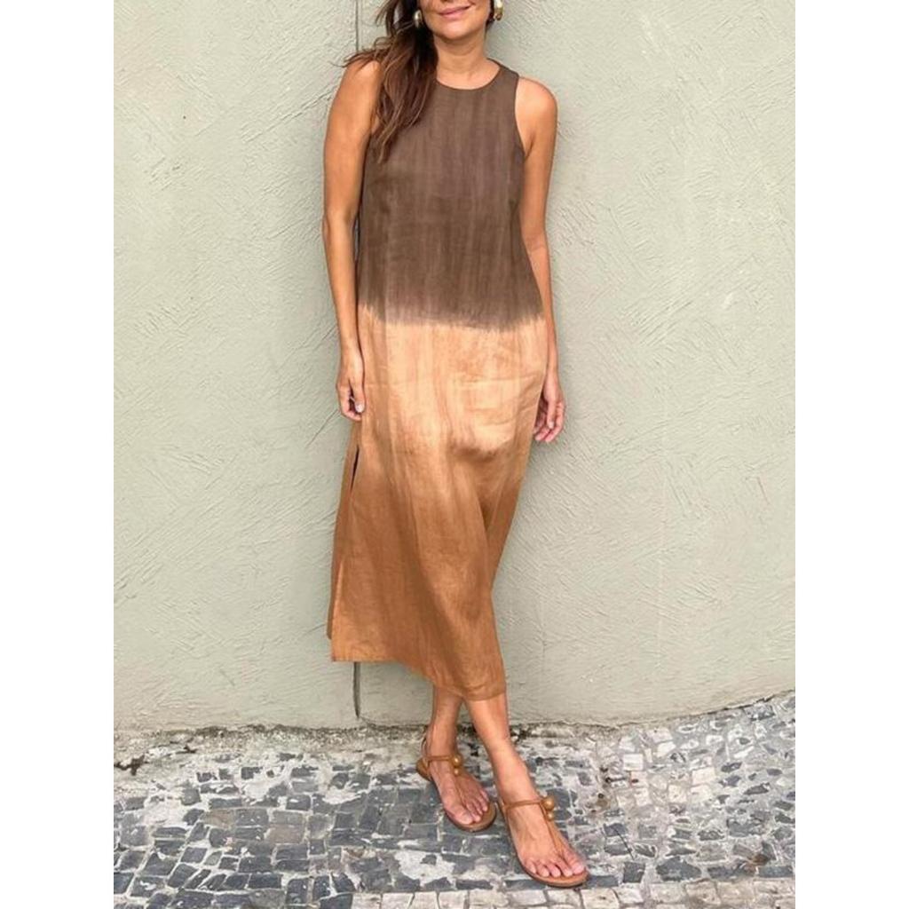 Summer Gradient Casual Cotton Linen Sleeveless Slit Dress for Women, European American Style Ladies Sundress