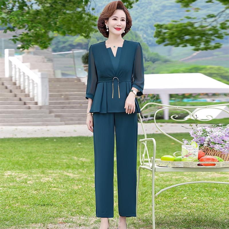 Elegante Traje de Gasa: Conjunto de Dos Piezas con Top de Manga Larga y Pantalones para Mujer, Elegante Moda de Verano para Edades 40-50+