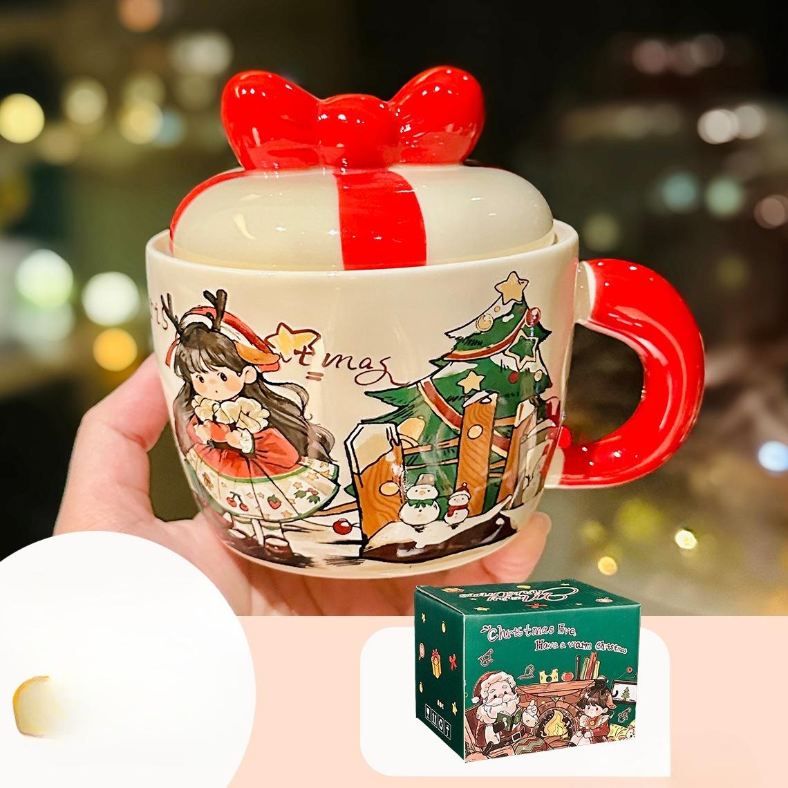 

Cartoon Christmas Gift: Apple Shaped Ceramic Mug with Lid High Appearance Level Bow Gift Cup Souvenir 400ml