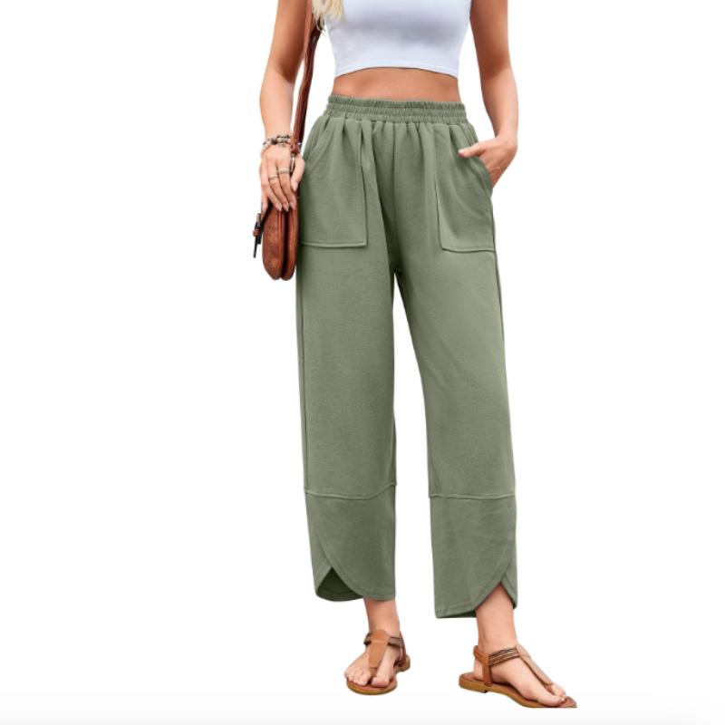 Calças Casuais Femininas de Cintura Elástica com Bolso, Calças Cropped Retas, Calças Harem Soltas, Cor Sólida, Calças Esportivas