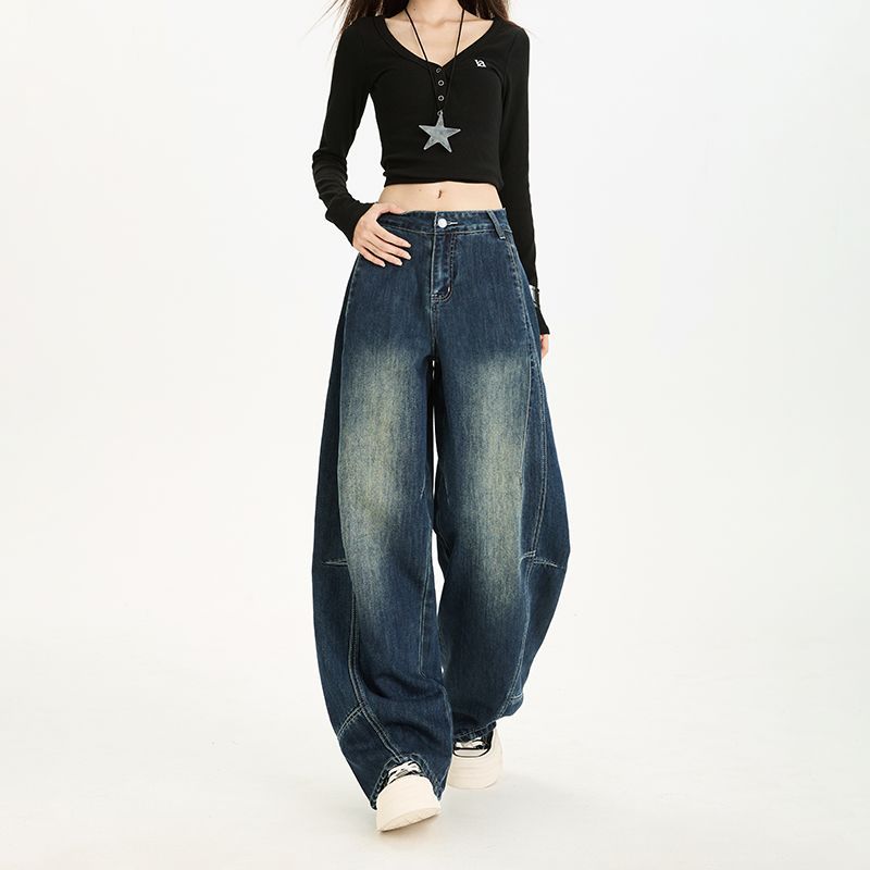 Spring Summer Heavy Faded Washed Camel Pure Cotton Patchwork Loose Saber Cut Trendy Denim Long Pants Ladies Casual Pants Oversize Denim Trousers