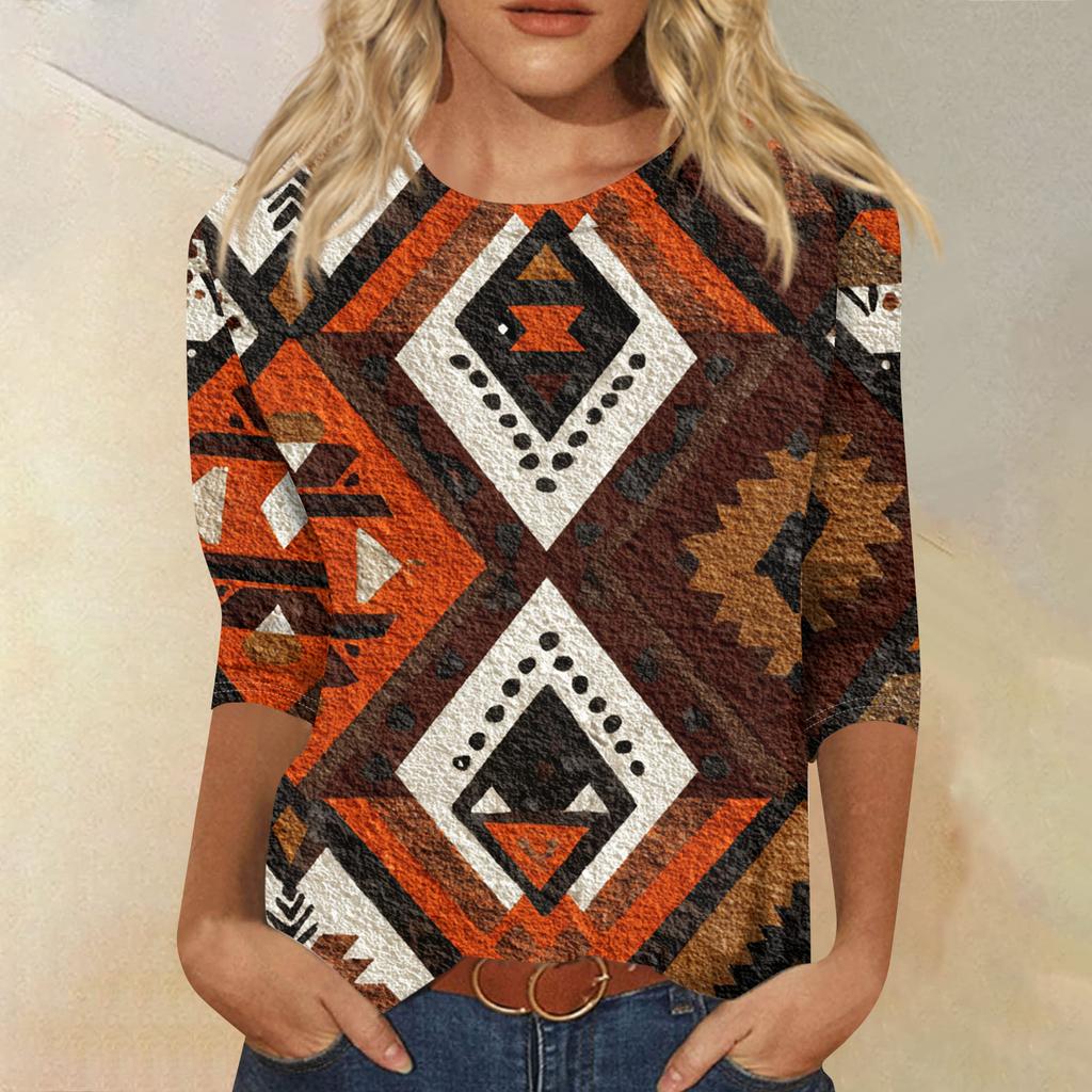 Women's Fashion Casual Round Neck Three-quarter Sleeve Retro Floral Print T-shirt Top