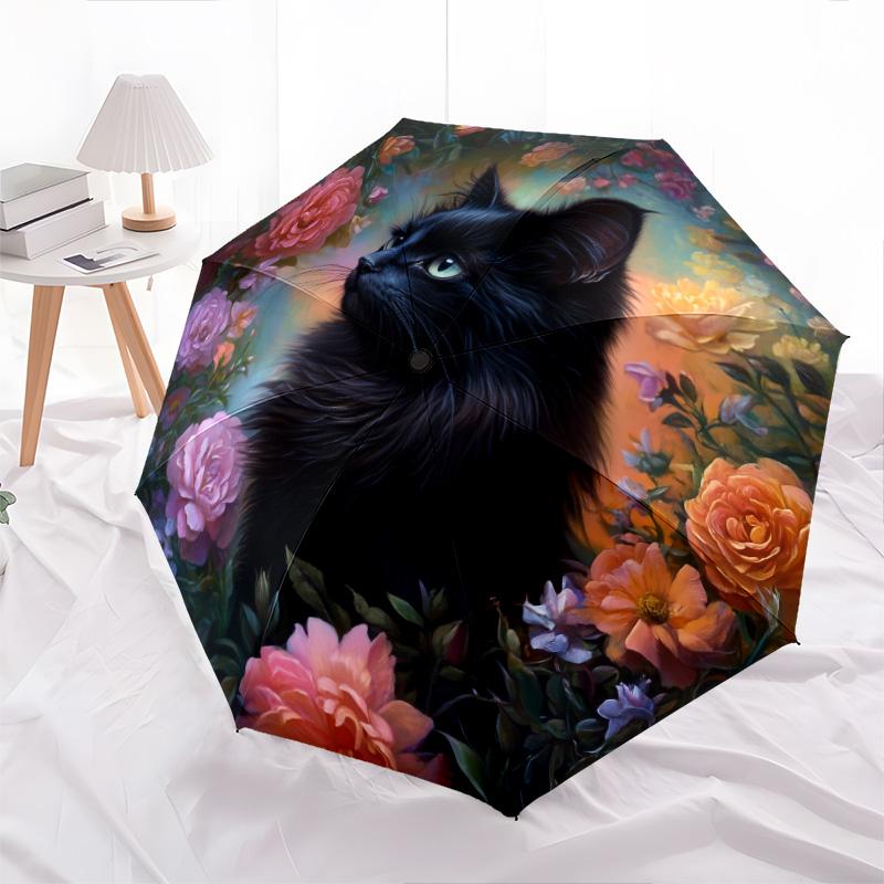 0106 Floral Black Cat  pattern, automatic folding umbrella, portable and foldable design, 8 ribs, a Christmas or birthday gift.