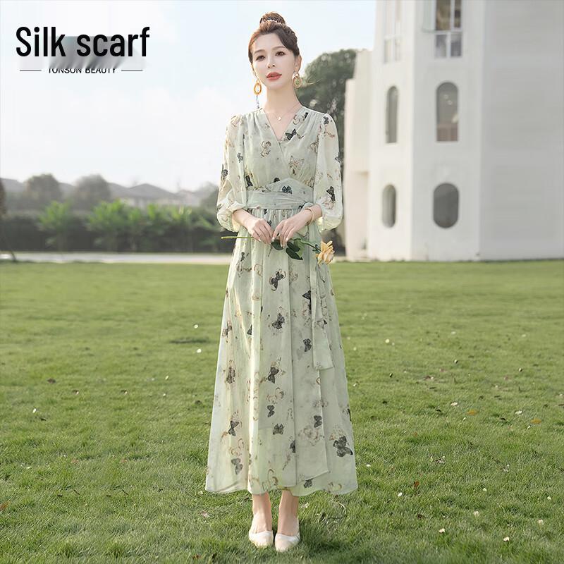 Sibaishe 2025 Spring/Summer Printed V-Neck High-Waist Maxi Dress M