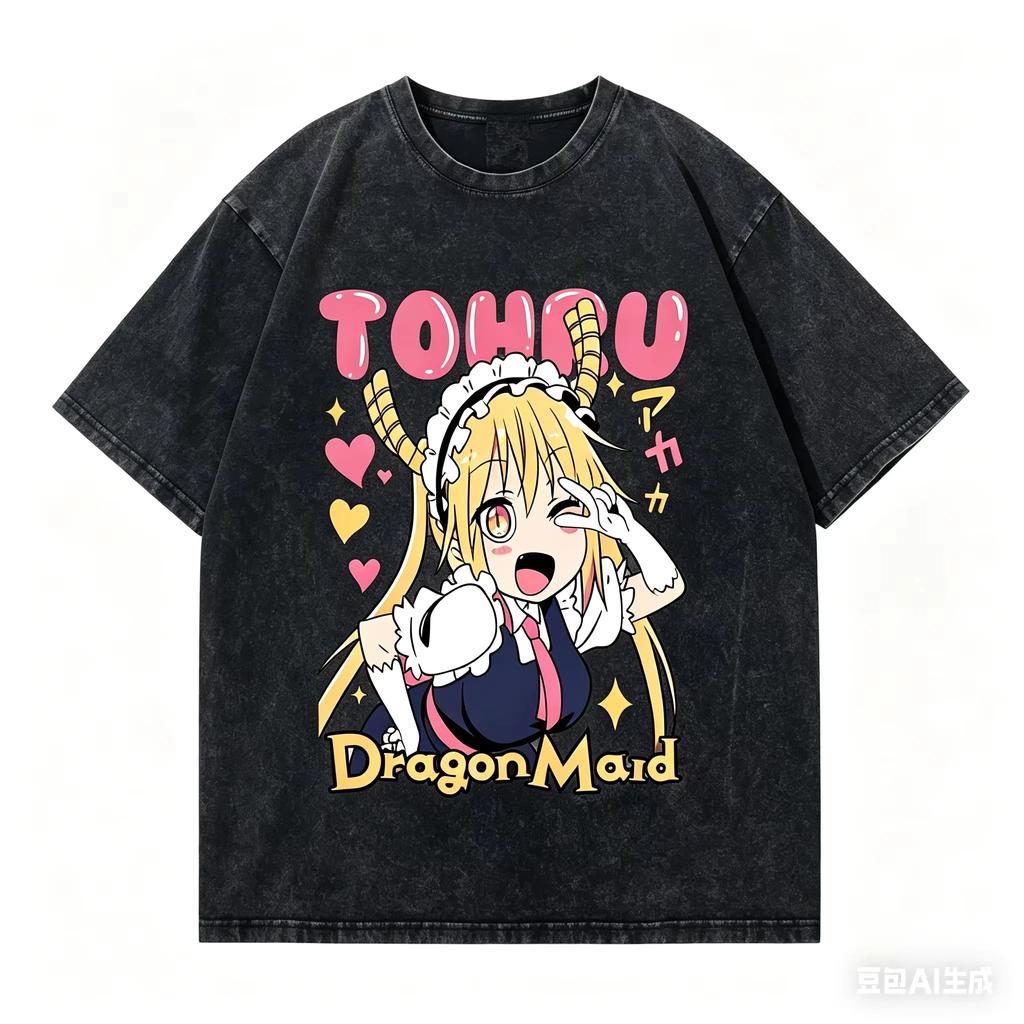 2026 summer Cute Kawaii Anime Tee Kobayashi's Dragon Maid Tohru Winking Dragon Maid Art Y2K Style Cotton T-shirt for Girls