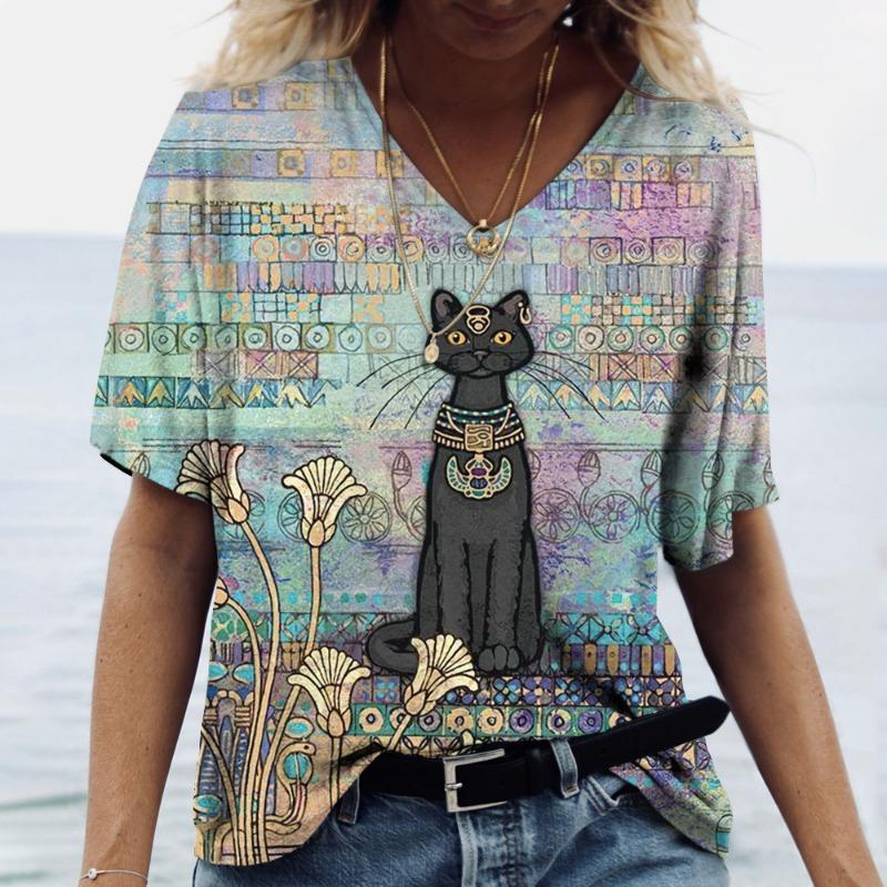 Summer Purple Series Kitten Female Commuter Elegant V-neck Short Sleeve T-Shirts Women’s