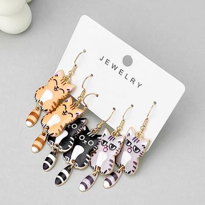 3 Pairs Cat Enamel Earrings Alloy Oil Painting Cartoon Stud Ear For Women Girls Fashion Jewelry Accessories Gift Pendant