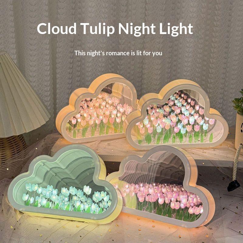 Cloud Shape Tulip Night Light Diy Handmade Flower Lamp Battery Powered Mirror Decor Table Lamp For Bedroom Gift