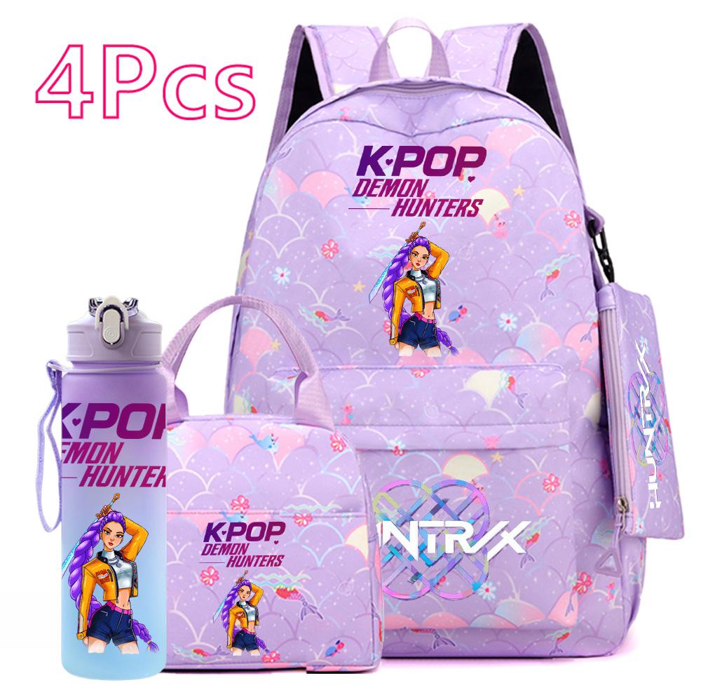 Set da 4 pezzi/set Zaino stampato KPOP cartone animato con borsa a mano astuccio borraccia da 750 ml per adolescente ragazzo ragazza zaino di grande capacità borsa da scuola zaino