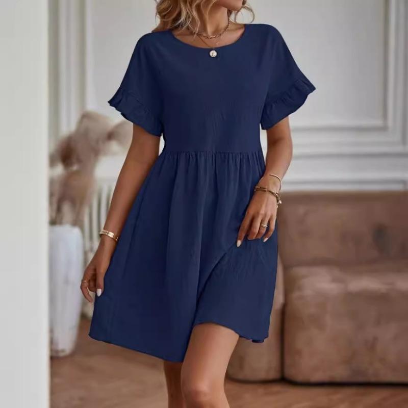 Summer Round Neck Short Sleeve Loose Dress Fashion Simple A-line Party Office Casual Short Dresses Elegant Ladies Women's Clothing