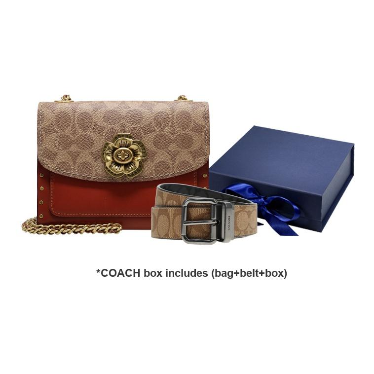 Coach Parker 18 Nieten Kamelienblüten Kette Klappe Umhängetasche Beschichtetes Canvas und Kalbsleder Umhängetasche Kleine Damen Umhängetasche Khaki Braun 30592-B4RU
