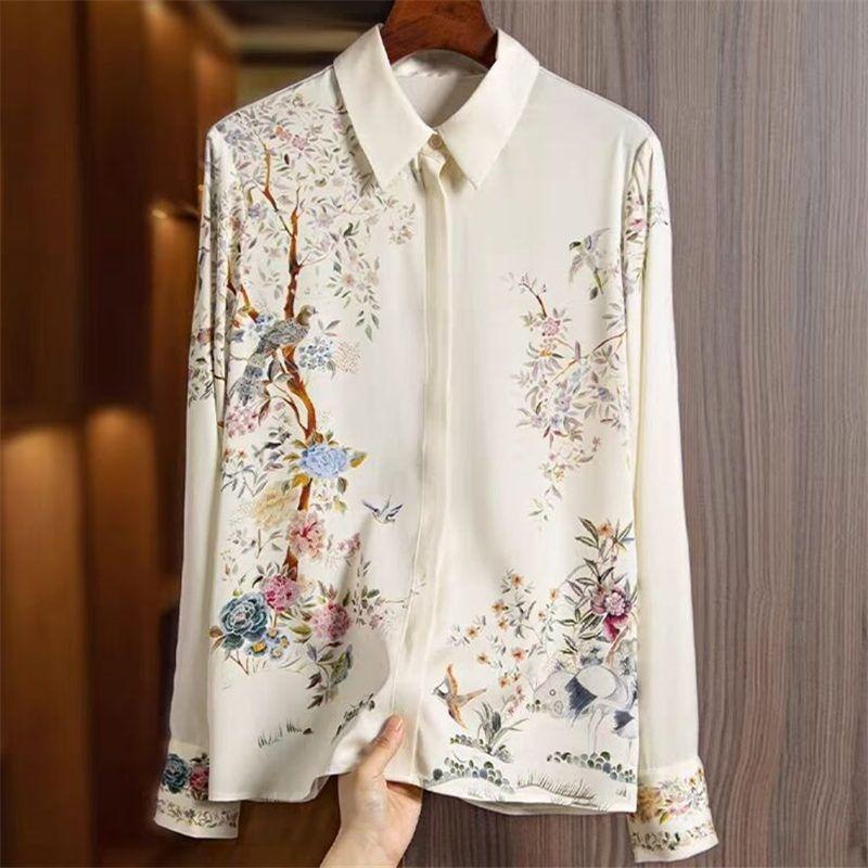 

Women s Summer Botanical Shirt Loose Long Sleeve Elegant Blouse S бежевый