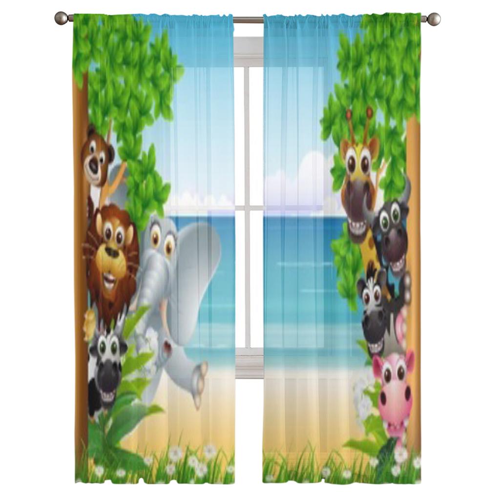 Funny Animal Cartoon With Tropical Beach Window Curtains Sheer Chiffon Tulle Curtain Home Living Room Backdrop Decoration
