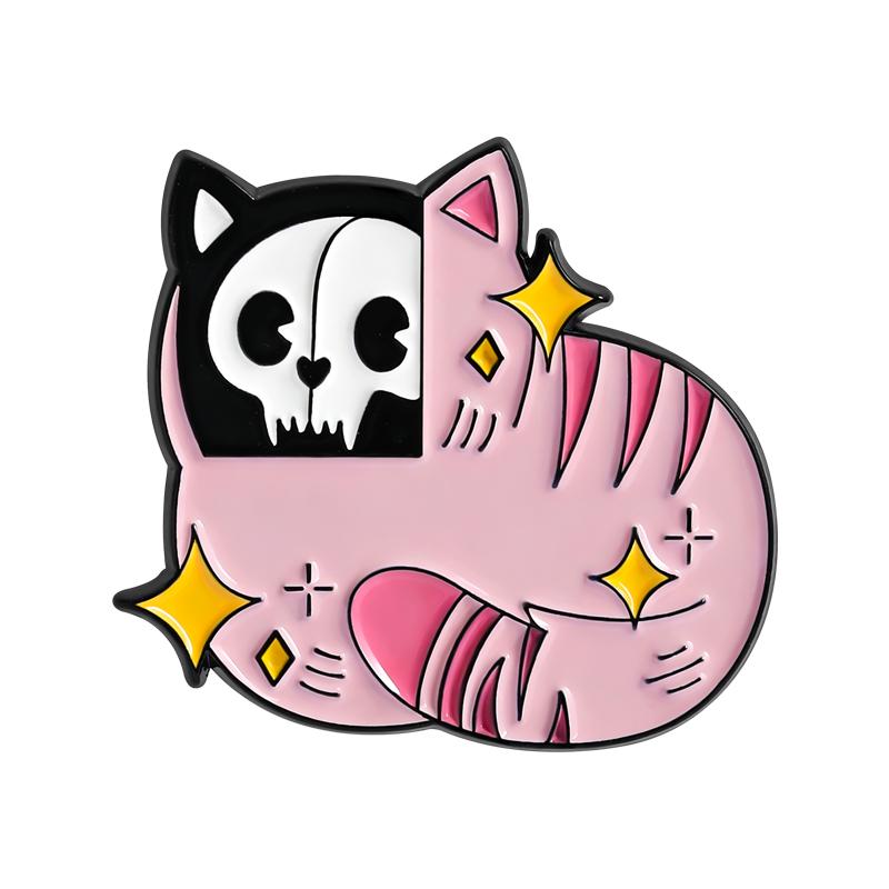 Skeleton Cat Enamel Pins Funny Cute Cartoon Pink Animal Brooches Lapel Badges Fun Punk Skull Jewelry Gift for Friends
