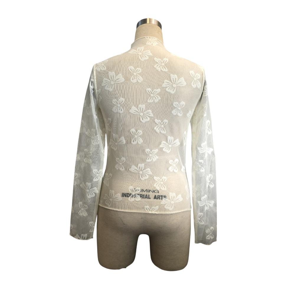 Spring Ladies Butterfly Jacquard Mesh Slim Small Standing Collar Long Sleeve T-Shirt