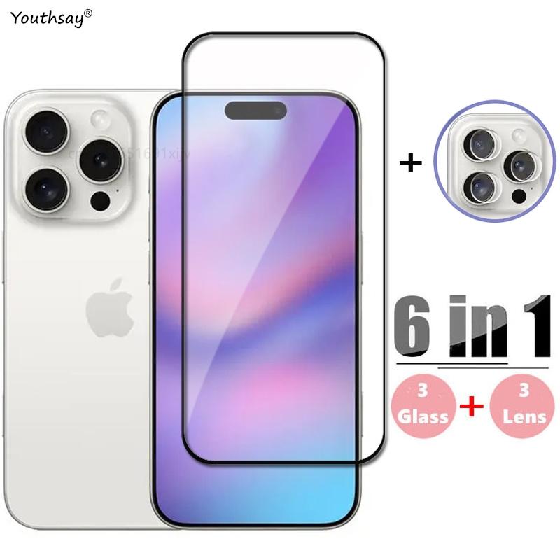 6in1 Glass For iPhone 16 Pro Max Tempered Glass For iPhone 16 Pro Max Screen Protector Phone Film iPhone 16 15 14 13 12 Pro Max