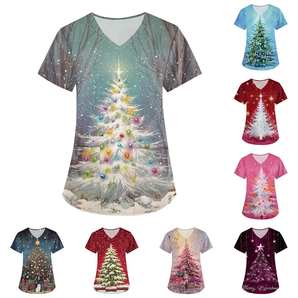 Women's Fashion V-Neck Short Sleeve Overalls With Pockets Christmas Printed Tops  Clothes