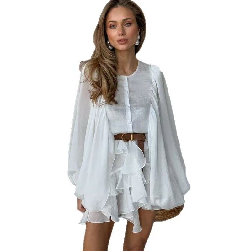 Western Style New Fashion Round Neck Breasted Frill Lantern Sleeve Dress Lantern Sleeve Dress