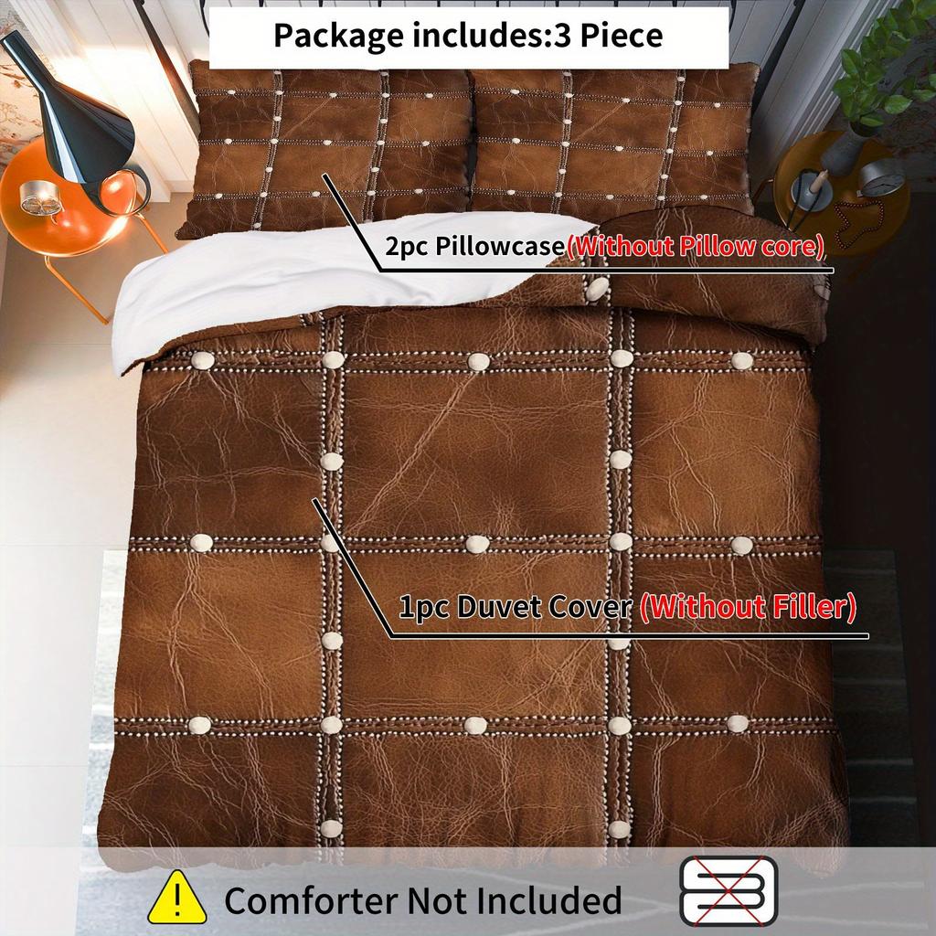 3Pcs Vintage Leather Studded Duvet Cover Set,Brown Textured Rustic Chic Bedding With Pillowcases,Luxury Thanksgiving Decor