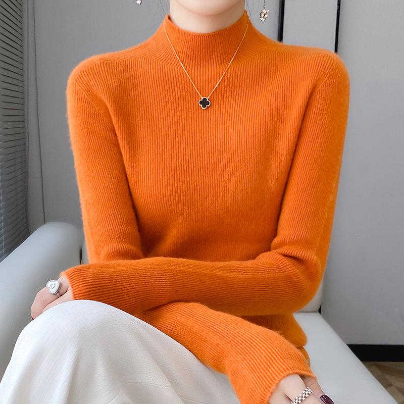 

Женский облегающий свитер-пуловер с высоким воротником в рубчик из шерсти L (108-120 lbs)