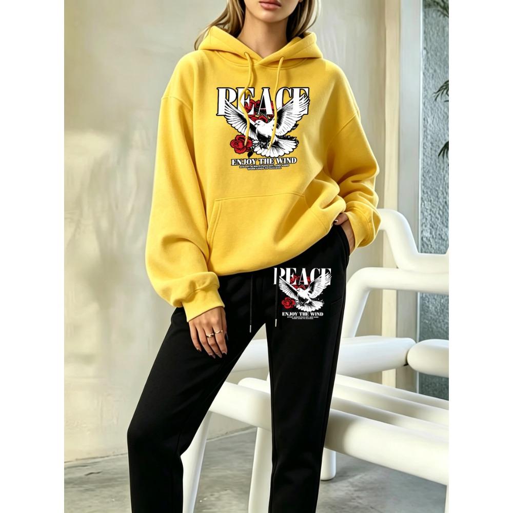 Peace Dove Rose Enjoy The Wind Print Y2K Women'S Hoodie Set Casual Pocket Jogging Pants Loose