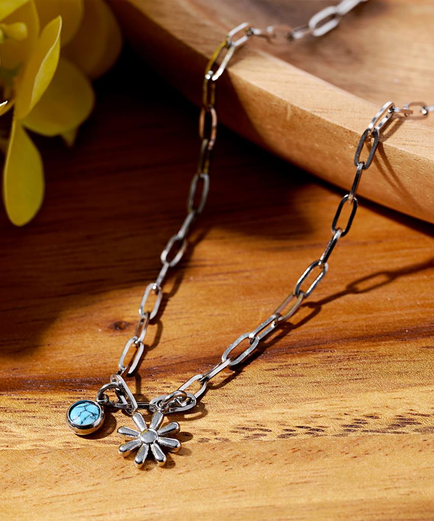 Polalita Surgical Link Chain Mini Flower Turquoise Charm Necklace (Plt-Nl-033_Sv)