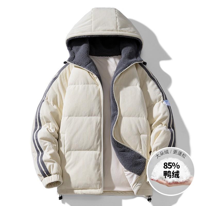 Mens Winter Hooded Down Jacket Thick Warm Striped Casual Loose Fit Youth Outdoor Wear