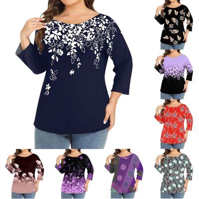 Women's Plus-size Model O-neck 3/4 Sleeve Solid Color Top
