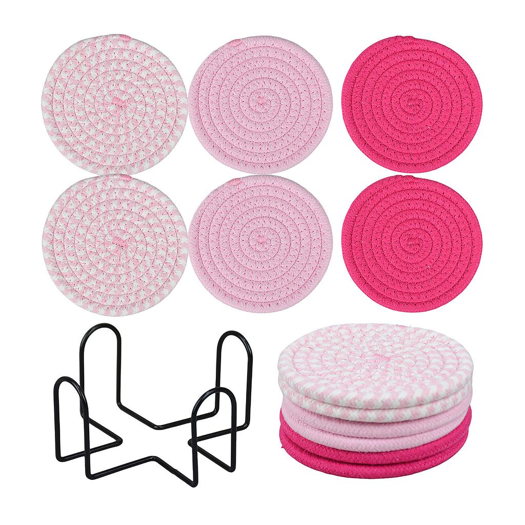 Set of 6 Round Woven Cotton Yarn Placemats with Non Slip Heat Resistant Surface and Metal Storage Rack for Dining Table Protection