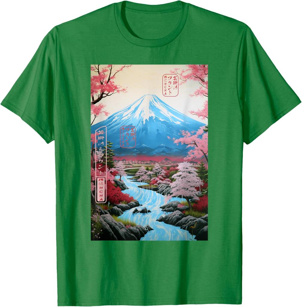 Mount Fuji Ukiyoe Cherry Blossom Graphic TShirt Soft Cotton Casual Short Sleeve Tee for Men