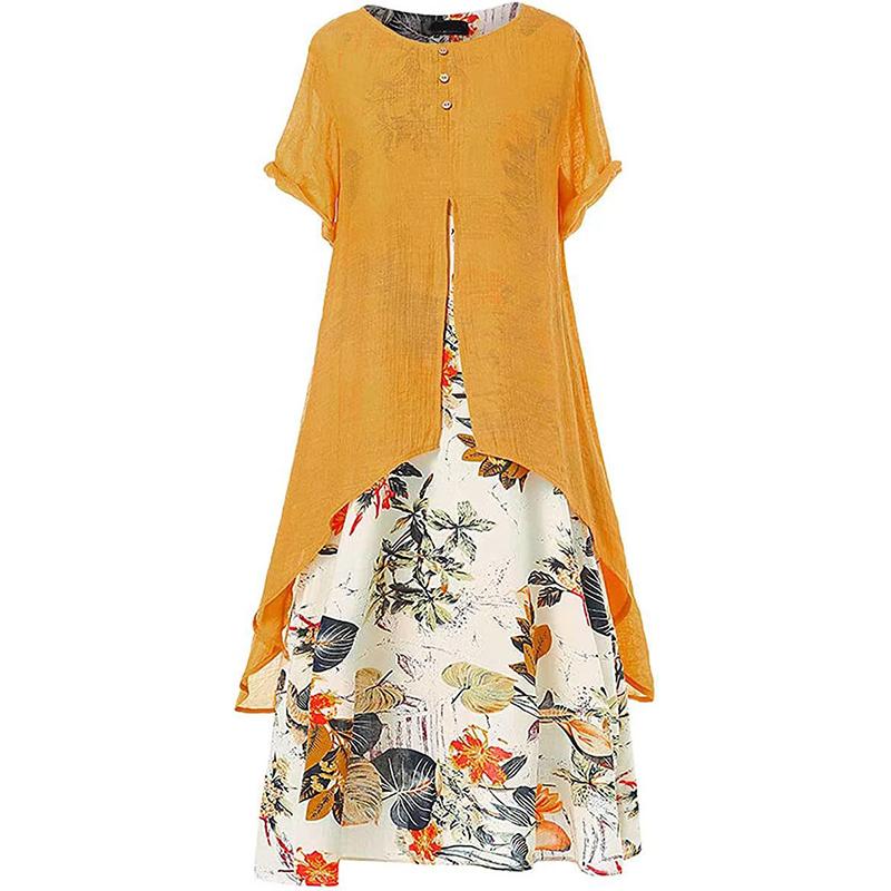 

Нова бавовняна та лляна друкована сукня-спідниця з круглим вирізом та імітацією двійки з короткими рукавами XXXXL жовтий