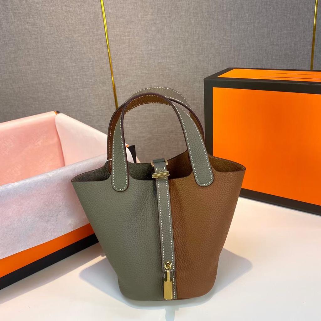 Hochwertige halbhandgefertigte Gemüsekorbtasche togo erste Schicht Rindsleder Pendlertasche echtes Leder tragbare Beuteltasche Damen 18cm