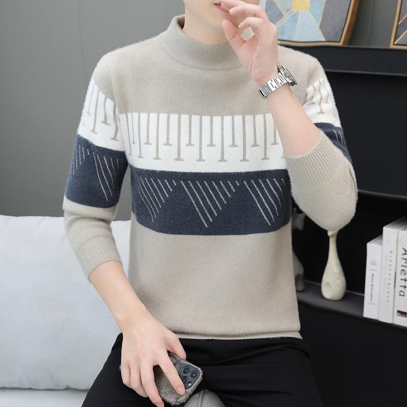 Hot Sale, Autumn and Winter New Printed Semi-turtleneck Sweater Men's Bottom Knitted Sweater Sweater