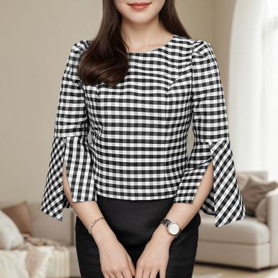 Women Casual Round Neck 3/4 Sleeve Loose Plaid Print Blouse