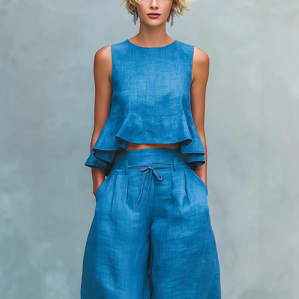 Womens Blue Sleeveless Crop Top with Ruffle Hem and Wide Leg Tie Waist Pants Set