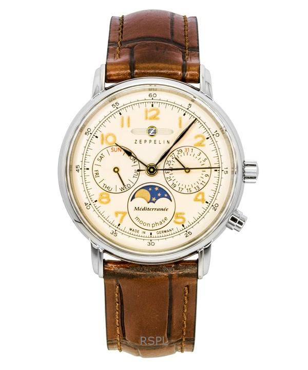 Zeppelin Men's Champagne Mediterranee Moonphase Leather Strap Dial Quartz 96375 Watch