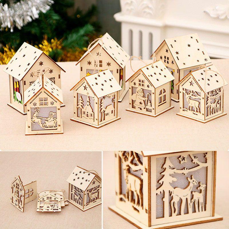 Elegant Led Light Wood House Ornament For Christmas Tree Hanging Decor