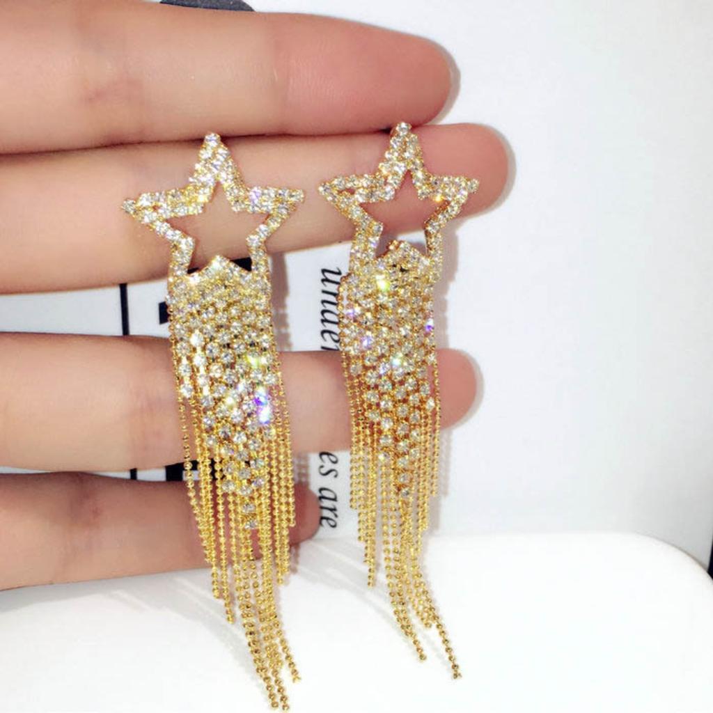 2PC Women's Fashionable Rhinestone Sparkling Star Tassel Earrings Suitable for Banquet and Party Accessories